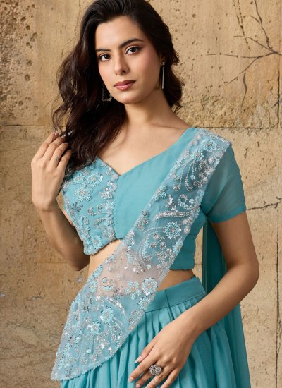
                            Outstanding Cutdana Aqua Blue Readymade Lehenga Choli