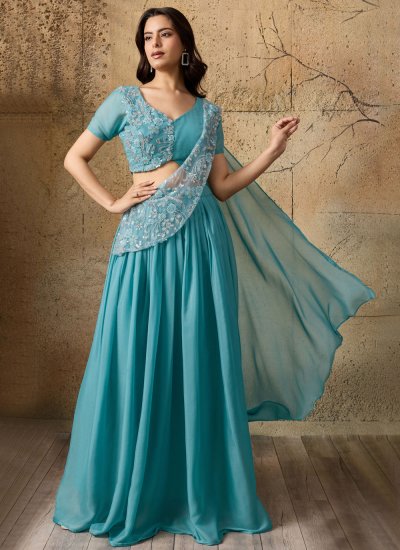 Outstanding Cutdana Aqua Blue Readymade Lehenga Choli