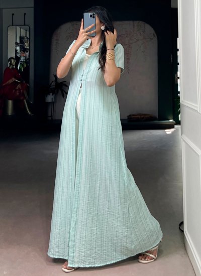 
                            Outstanding Fancy Fabric Stripe Print Aqua Blue Casual Kurti