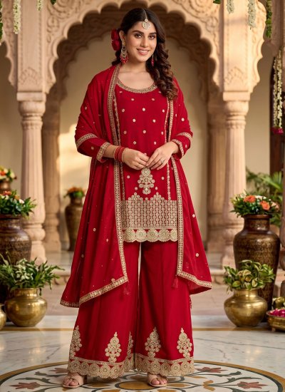 Palazzo Salwar Kameez Embroidered Chinon in Maroon