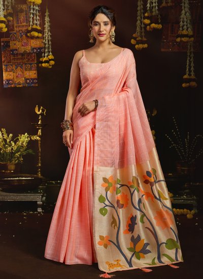 Paramount Peach Linen Trendy Saree