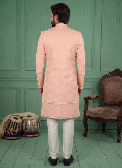
                            Peach Buttons Jacquard Indo Western