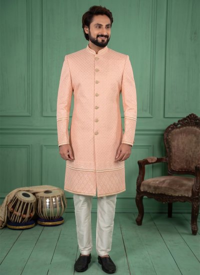 Peach Buttons Jacquard Indo Western