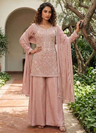 Peach Embroidered Chinon Readymade Salwar Kameez