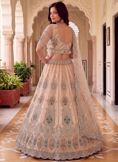 
                            Peach Engagement Net Designer Lehenga Choli