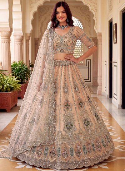 Peach Engagement Net Designer Lehenga Choli