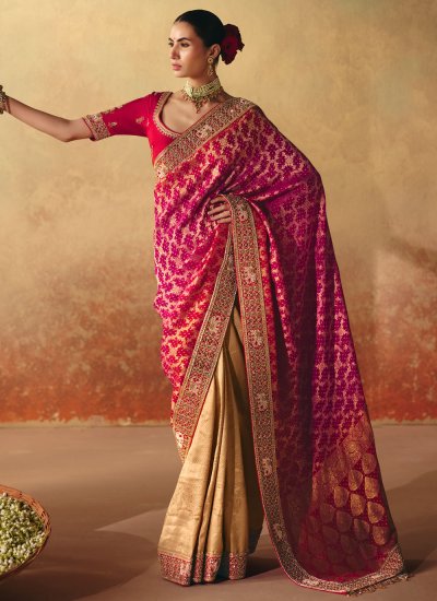 Perfect Pure Georgette Cream and Pink Trendy Saree