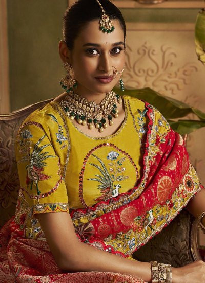
                            Phenomenal Mustard and Red Contemporary Saree