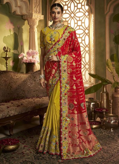 Phenomenal Mustard and Red Contemporary Saree