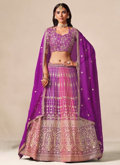 Pink and Purple Embroidered Engagement A Line Lehenga Choli