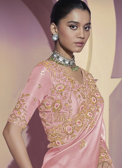 
                            Pink Cutdana Ceremonial Traditional Saree