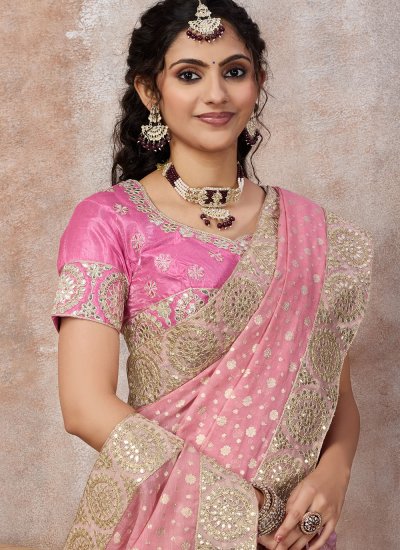 
                            Pink Embroidered Chanderi Traditional Saree