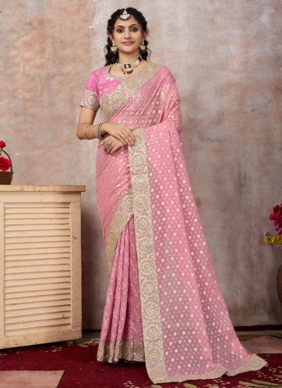 Pink Embroidered Chanderi Traditional Saree