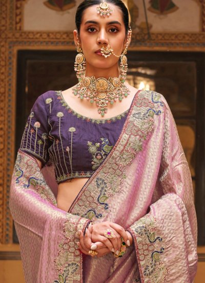 
                            Pink Embroidered Tissue Saree