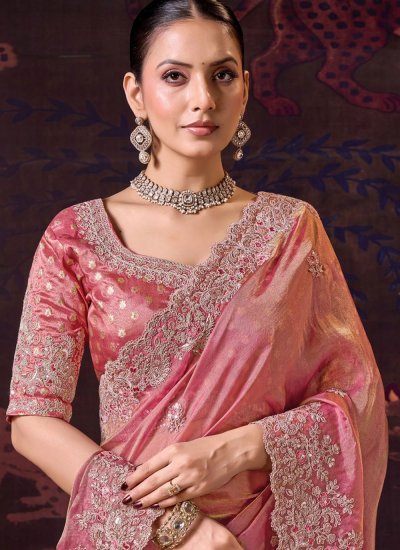 
                            Pink Embroidered Tissue Trendy Saree
