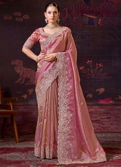 Pink Embroidered Tissue Trendy Saree