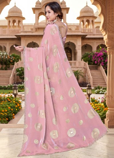 
                            Pink Foil Print Festival Contemporary Saree