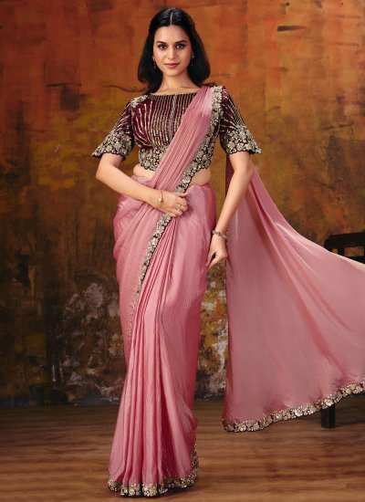 Pink Stone Work Engagement Contemporary Saree
