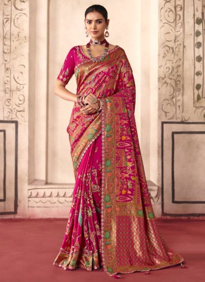 Pink Thread Work Silk Contemporary Saree