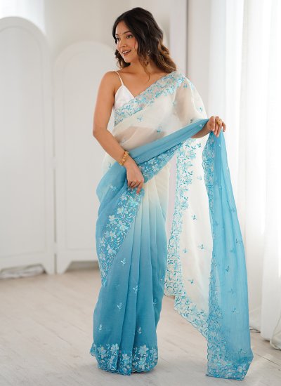 Praiseworthy Sequins Aqua Blue Crunchy Contemporary Saree