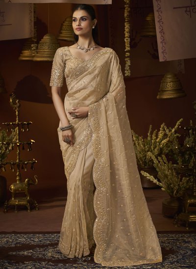 Preferable Thread Work Beige Tissue Classic Saree