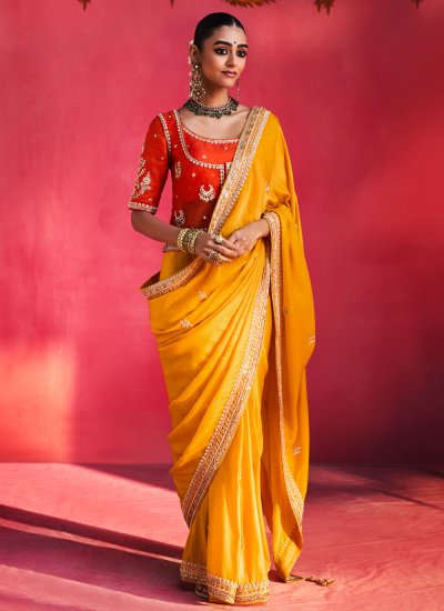 Prepossessing Fancy Fabric Mustard Stone Work Classic Saree