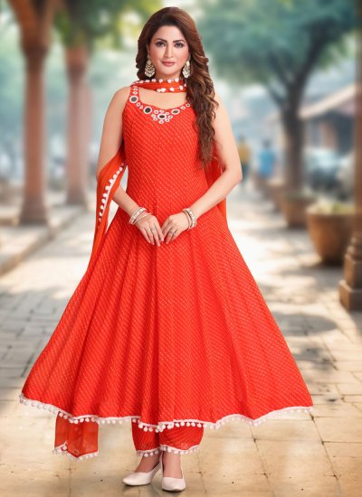 open lace back dress Orange Color Georgette Five Layer Ruffle Style Anarkali Gown main image 0