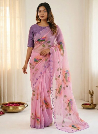 Print Organza Contemporary Saree in Pink Colour