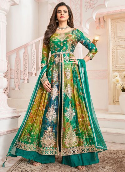 Print Silk Salwar Kameez in Green