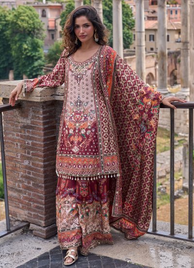 Printed Crepe Silk Readymade Salwar Kameez in Multi Colour