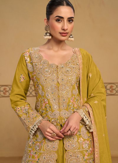 
                            Pristine Chinon Embroidered Green Palazzo Salwar Kameez