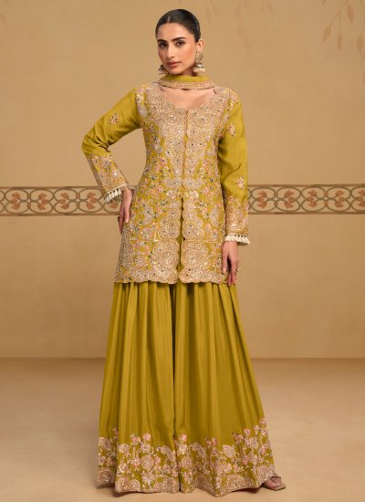 Pristine Chinon Embroidered Green Palazzo Salwar Kameez