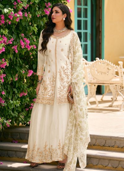 Pristine Embroidered Silk Off White Readymade Salwar Kameez