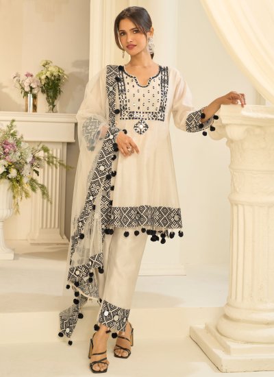 Prodigious Embroidered Off White Silk Pakistani Salwar Kameez