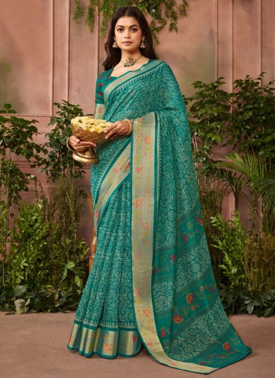 Prodigious Printed Sea Green Silk Saree