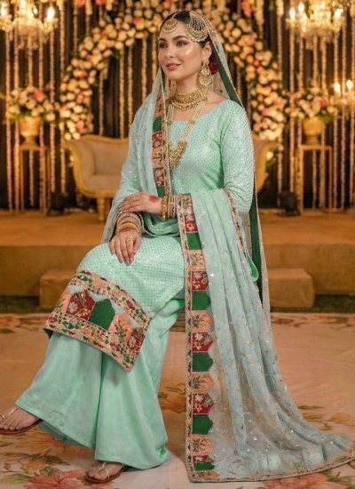 
                            Prominent Embroidered Sea Green Faux Georgette Trendy Salwar Kameez