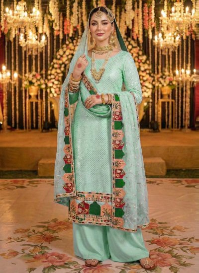 Prominent Embroidered Sea Green Faux Georgette Trendy Salwar Kameez