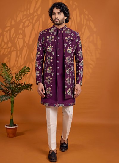 purple indo western dress men's Purple Indo Western Outfit for Groom Designer Reception Wear