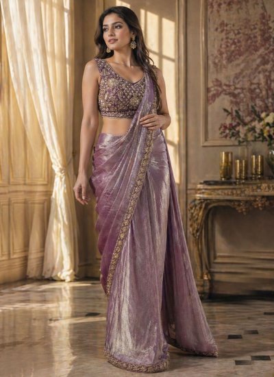 Purple Embroidered Classic Saree
