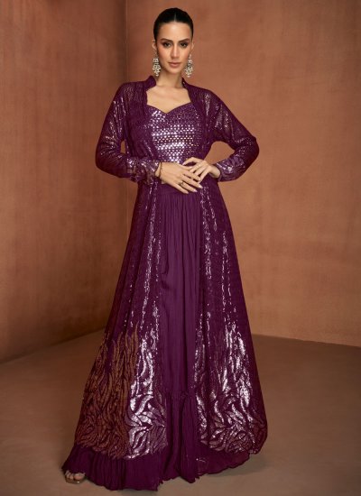 Purple Embroidered Georgette Trendy Lehenga Choli