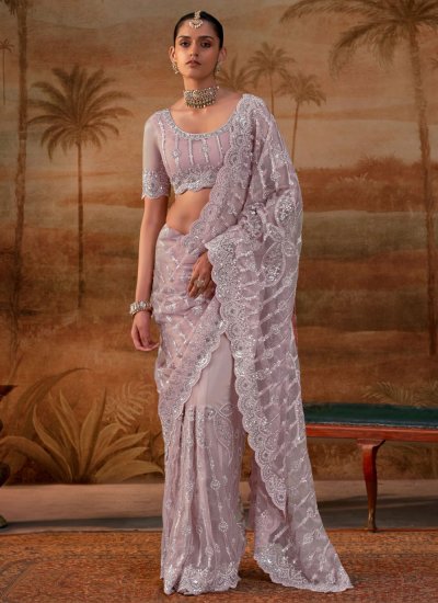 Purple Embroidered Net Contemporary Saree