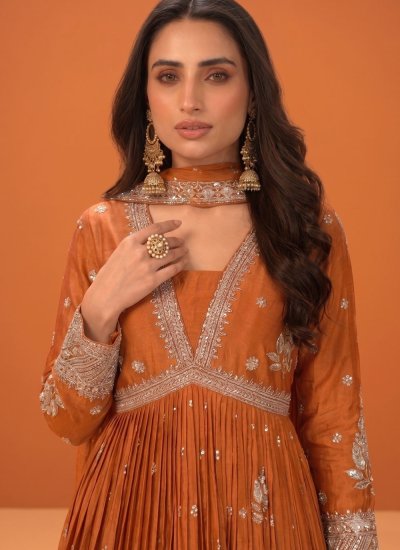 
                            Readymade Gown Embroidered Chinon in Orange Colour