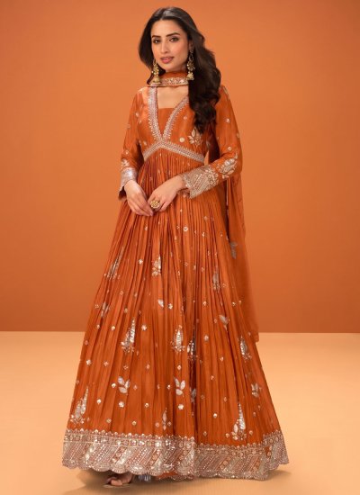 Readymade Gown Embroidered Chinon in Orange Colour