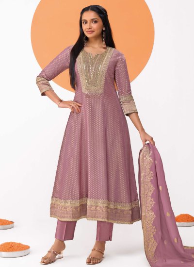 Readymade Salwar Kameez Embroidered Chanderi Silk in Lavender Colour
