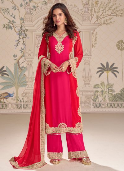 Readymade Salwar Kameez Embroidered Georgette in Pink and Red Colour