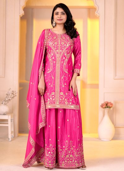 Readymade Salwar Suit Embroidered Chinon in Pink Colour