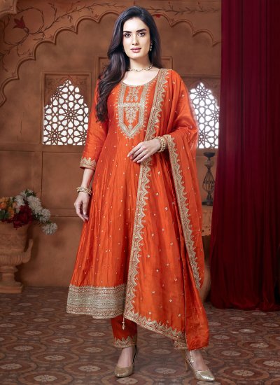 Readymade Salwar Suit Embroidered Silk in Orange Colour