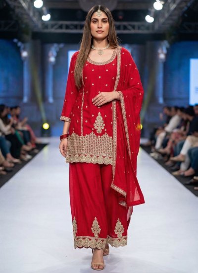 Red Chinon Party Palazzo Salwar Kameez