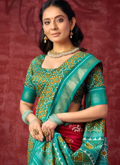 
                            Red Festival Contemporary Saree