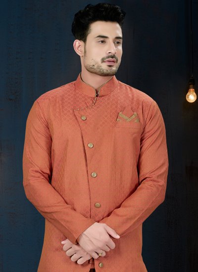 
                            Red Jacquard Buttons Indo Western